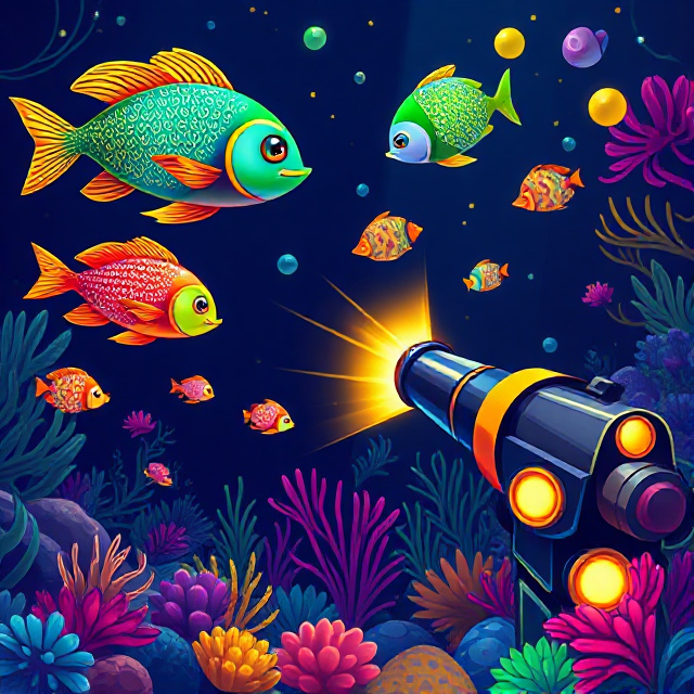 Fish swimming underwater in a fish shooting arcade game