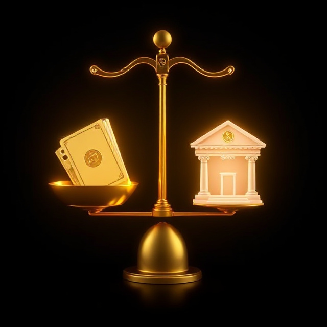 Balance scale weighing a wallet against a bank