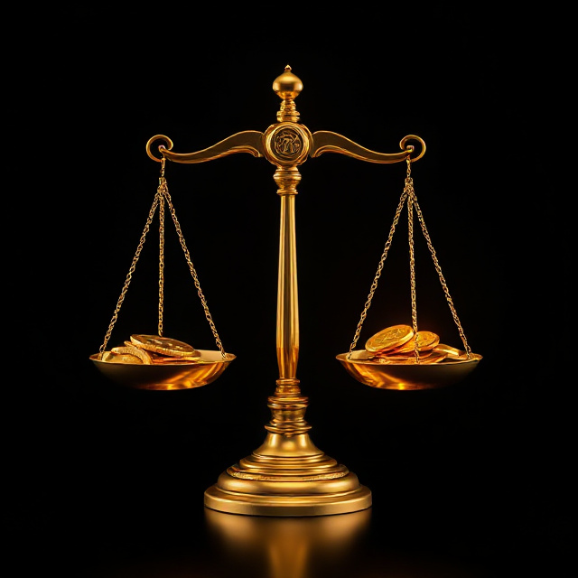 Golden balance scale weighing coins