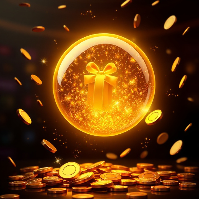 Glowing mystery gift sphere and coins representing a random jackpot