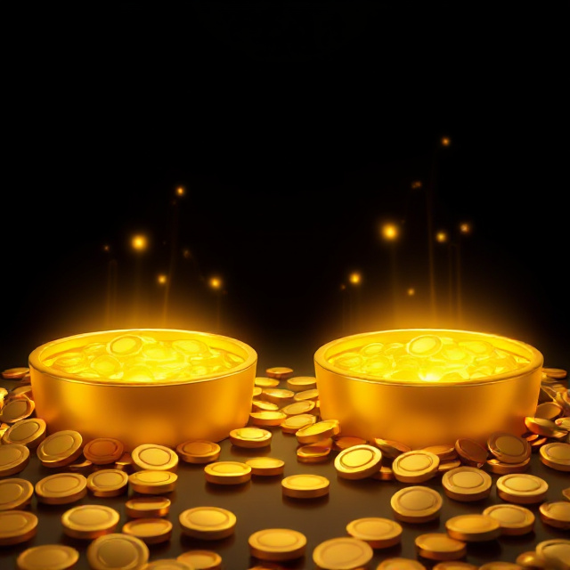 Two glowing pools of coins connected by light