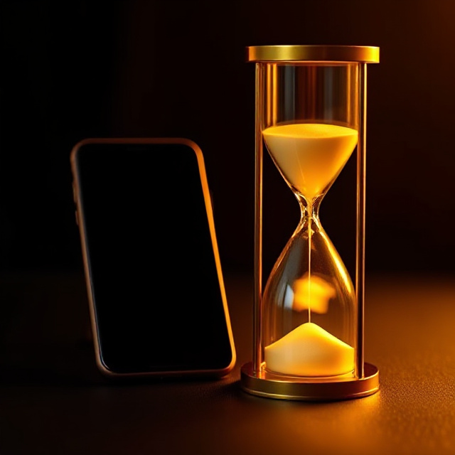 Glowing hourglass beside a smartphone representing time limits