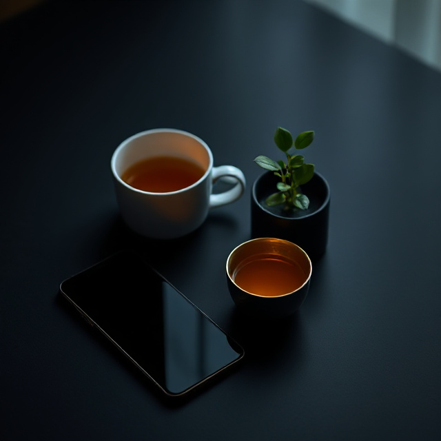 Calm scene with a smartphone and plant representing balance