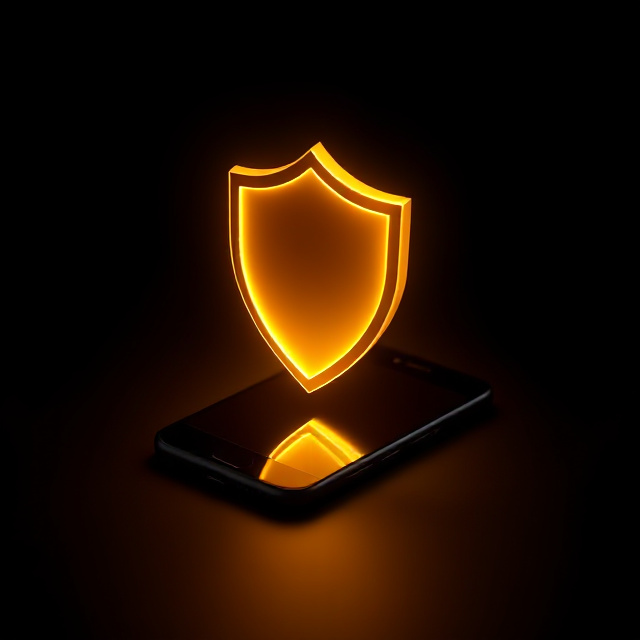 Golden shield over a smartphone representing protection