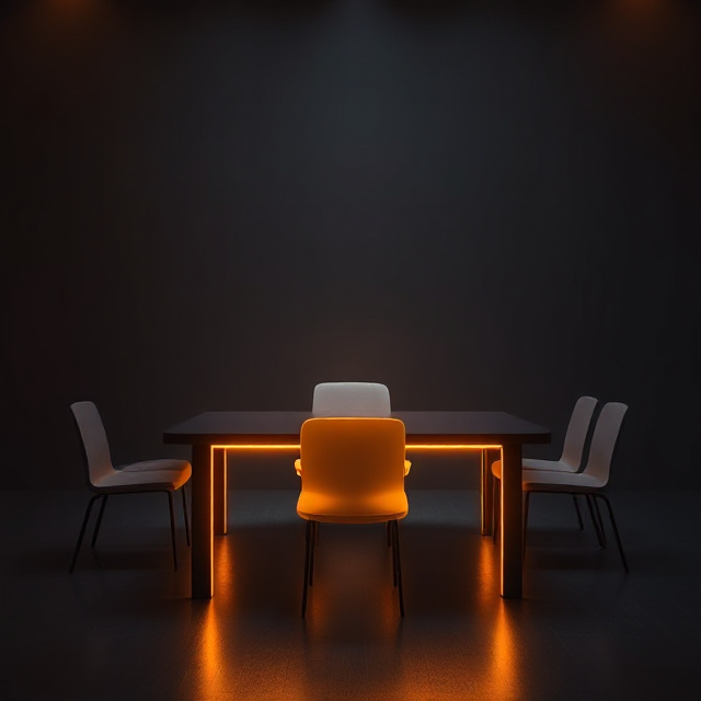 Lone seat at a table with holographic companion figures
