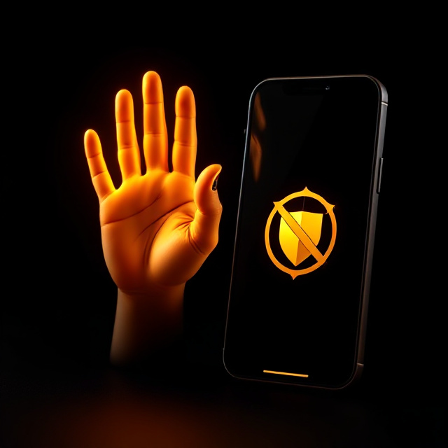 Stop-hand symbol beside a smartphone with a shield