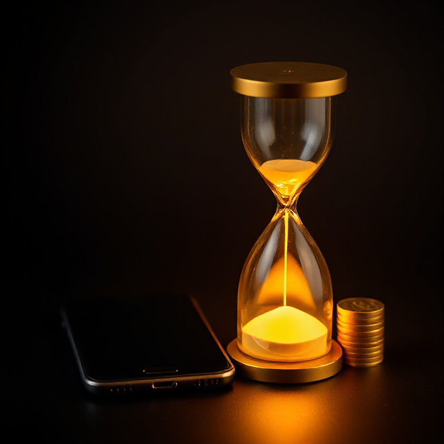 Golden hourglass beside a smartphone and coins