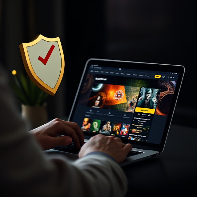 Person reviewing an online casino website on a laptop with a checklist and shield icon