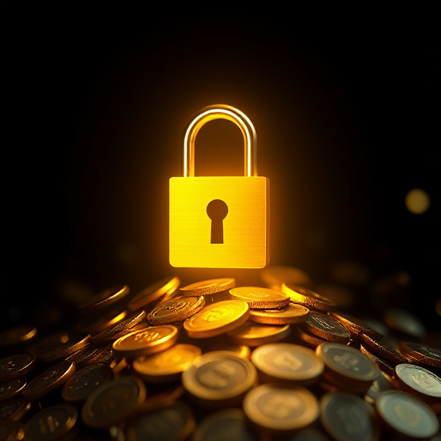 Golden padlock over flowing digital coins