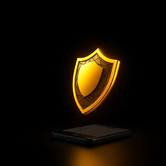 Golden shield deflecting a dark web from a phone