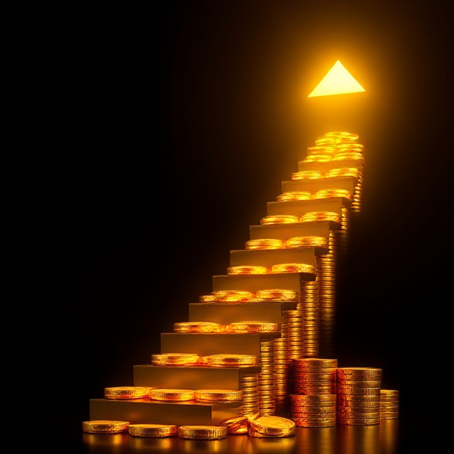 Rising staircase of golden coins showing jackpot growth