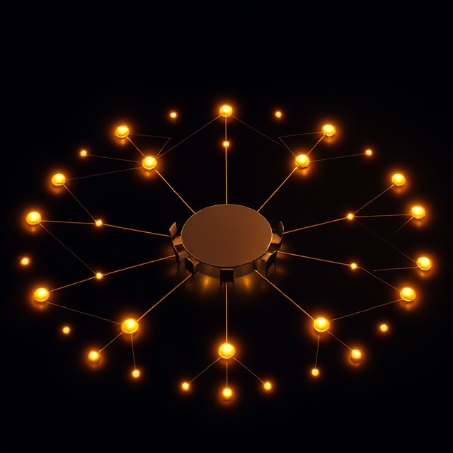 Glowing nodes connected around a central table