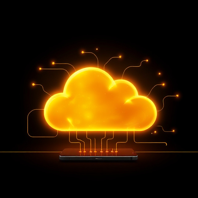 Glowing cloud with data streams connecting to a smartphone