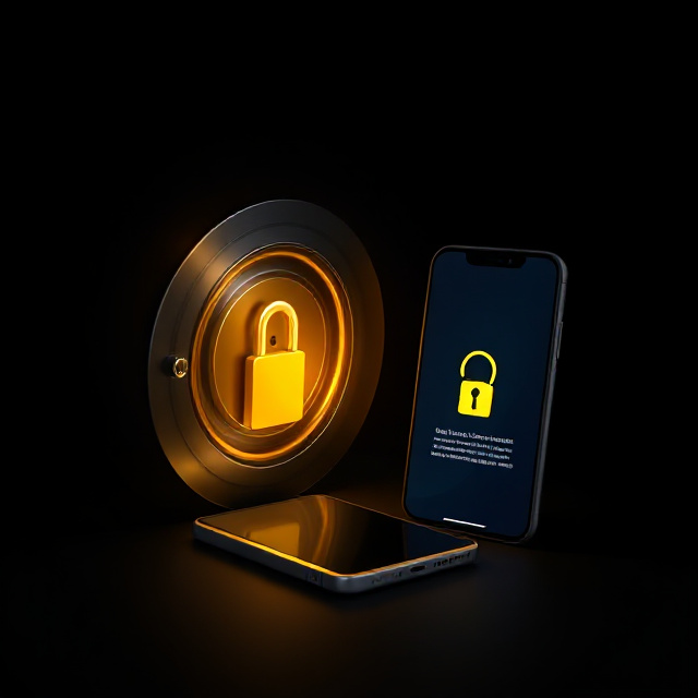 Golden key connecting a smartphone to a secure vault
