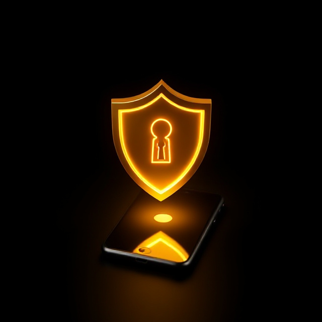 Golden shield with a keyhole over a smartphone