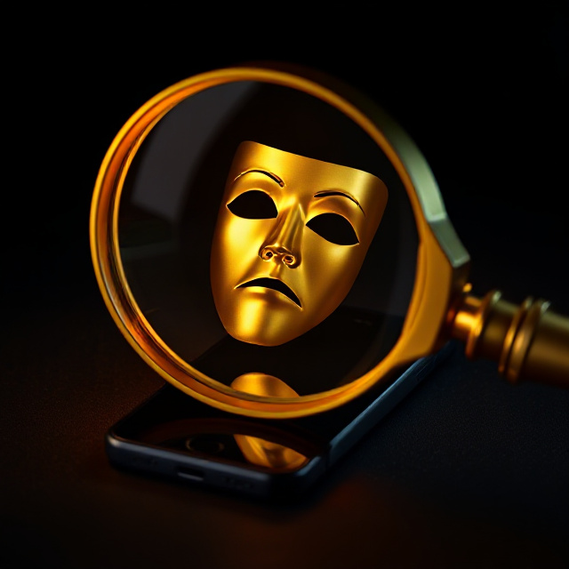 Magnifying glass revealing a hidden mask over a phone