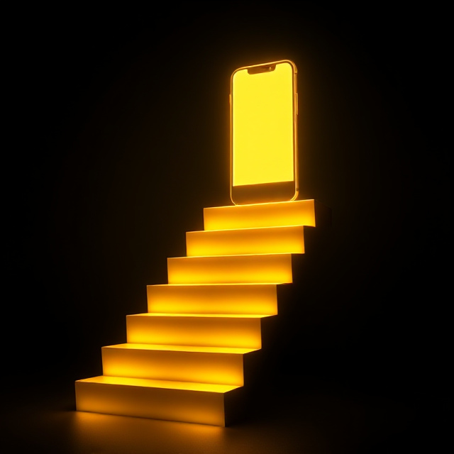 Glowing staircase of light rising toward a smartphone