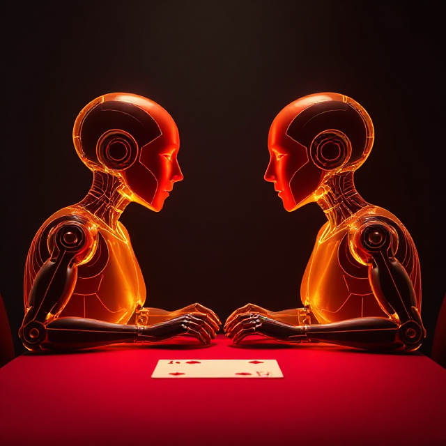 Two abstract avatars facing each other across a table