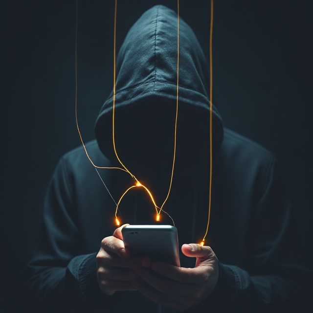 Shadowy figure reaching toward a smartphone representing phishing