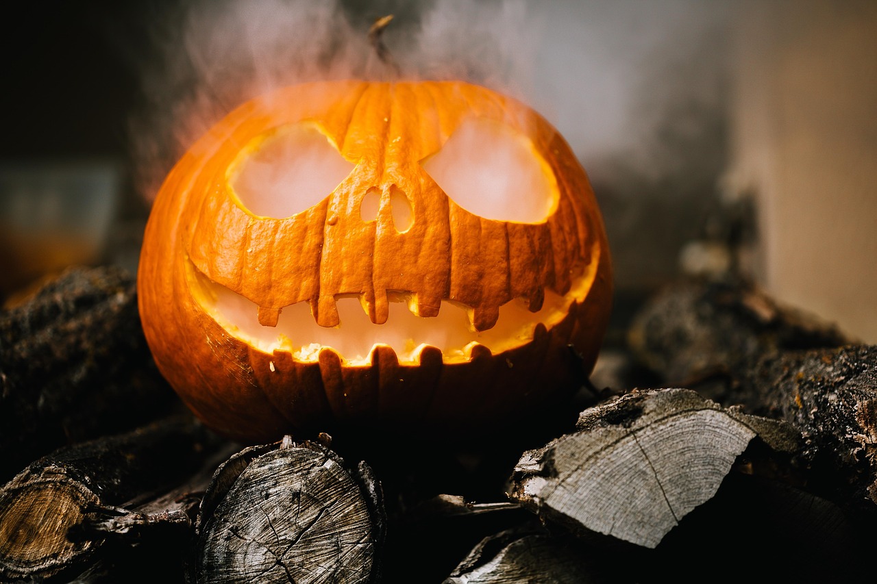 Brightly lit jack-o-lantern decorations for Halloween