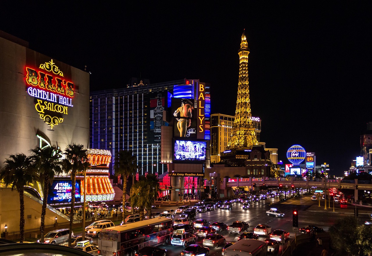Brightly lit casino street scene at night